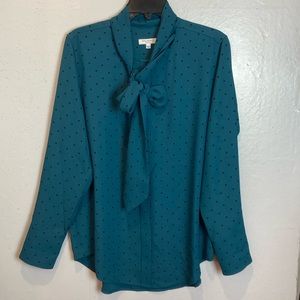 Equipment Femme Blouse Size L Teal Blue Green Tie Neck Button Up Polka Dot Top
